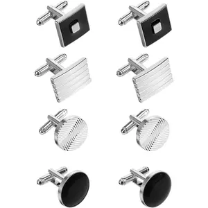 8 Pcs Men's Classic Cufflinks Cuff Links for Men Silver Black Striped Disc Square Rectangle Cuff Links Shirt Suit Men’s Jewelry or Accessories for Wedding Groom Business Elegant GiftGift.
