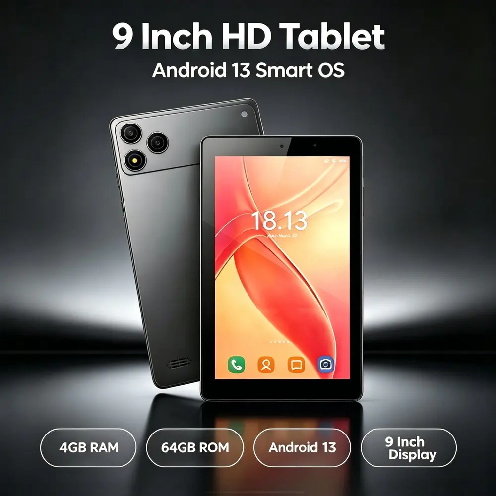 9-inch HD Tablet PC Android 13 System 4GB+64GB Storage 6000mAh Large Battery WiFi Connect Dual Camera Portable Touch Screen Tablet for Study Entertainment Daily Use