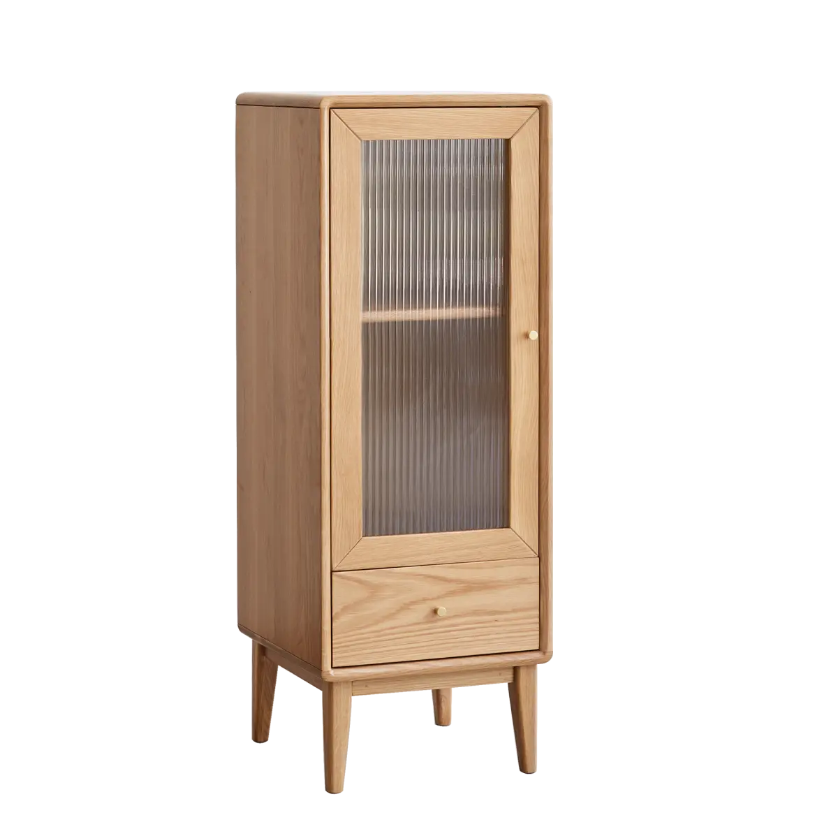 Solid Oak Storage Cabinet for Living Room - Free-Standing Corner Cabinets Storage Table with Vintage Glass Door,2 Shelves,1 Drawers & Brass Handle for Entryway Kitchen Hallway TV Stand