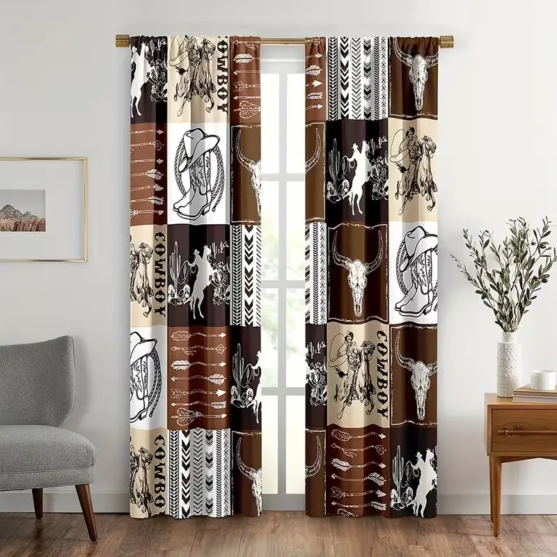 2 Piece Denim Theme Curtains Set, Curtain Panels, Window Drapes, Featuring Bull Head, Horse Arrow, Geometric Plaid Design, Perfect for Bedroom Decor