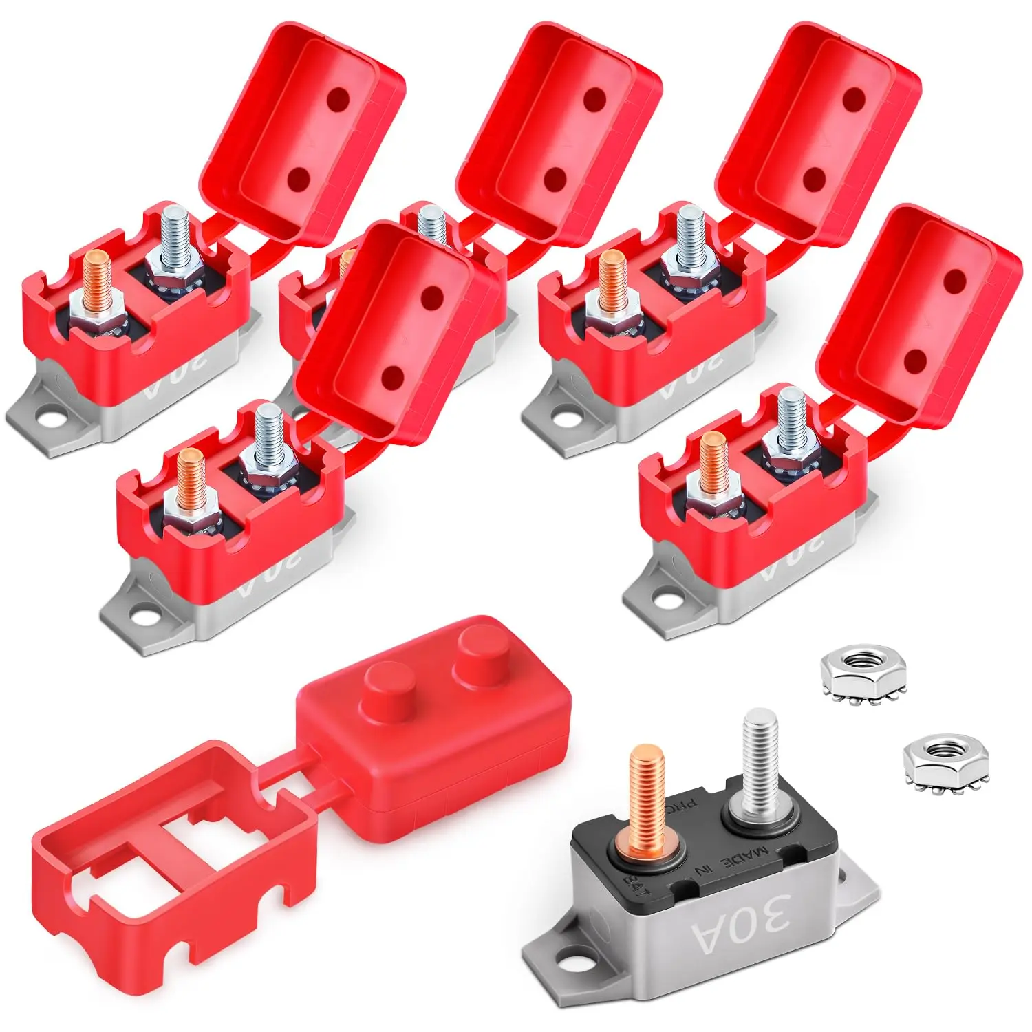 30Amp Automatic Reset Circuit Breaker 12V-24V DC for Automotive Marine Boat  RV  Solar System with Cover Stud Bolt, IP66  (Pack of 6)