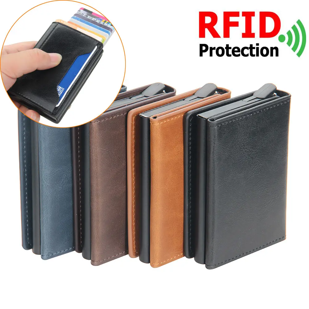 RFID Blocking Pop Up Card Holder Faux Leather Wallet Multi Slots ID & Bill Pocket Compact Slim Pocket Organizer Credit Card Storage Case Daily Travel Card Purse for Men