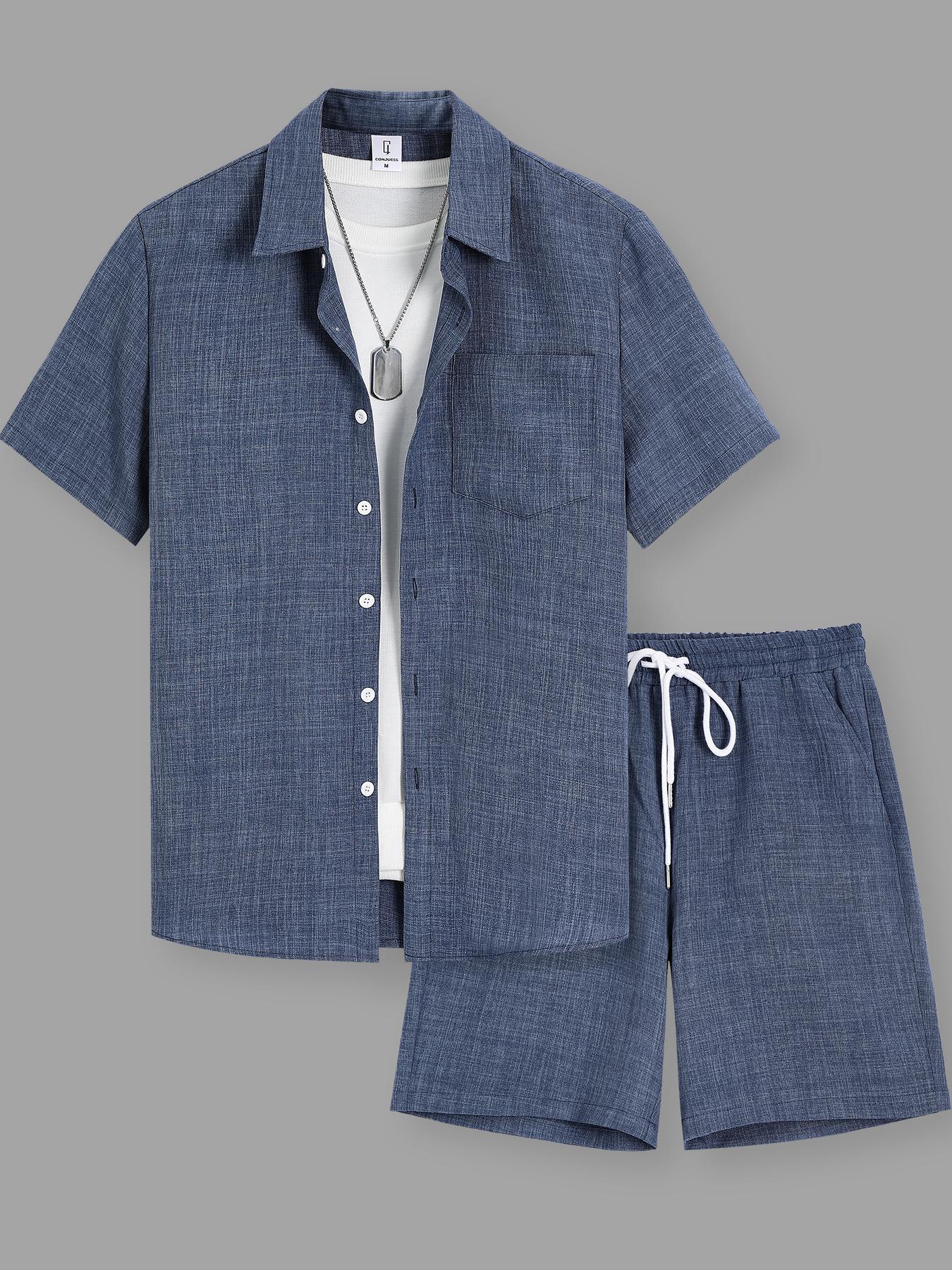 Men's Solid Short Sleeve Shirt & Shorts Loungewear Two-piece Set, Casual Comfy Top & Shorts PJ Set, Pajamas Set, Men's Sleepwear for Summer