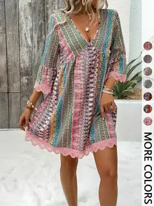 Women's Bohemian Style Boho Chic V-Neck Long Sleeve Lace Trim Feminine Dress for Vacation, Elegant Party Wear, Comfortable & Stylish