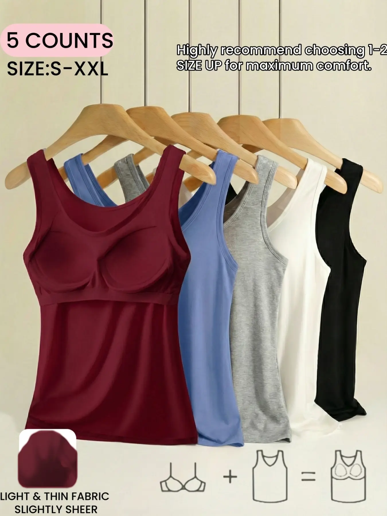 S-5XL,Women's Built In Bra Strap Tank Tops, Seamless Underwear, Soft Comfortable Plain Design, Casual Fitted Sleeveless Vest