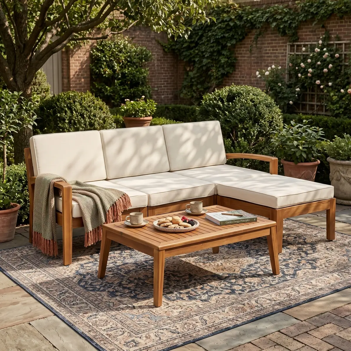 AobtkelChristopher Knight Home® Outdoor L Shape 3pcs Acacia Wood Patio Sofa Set