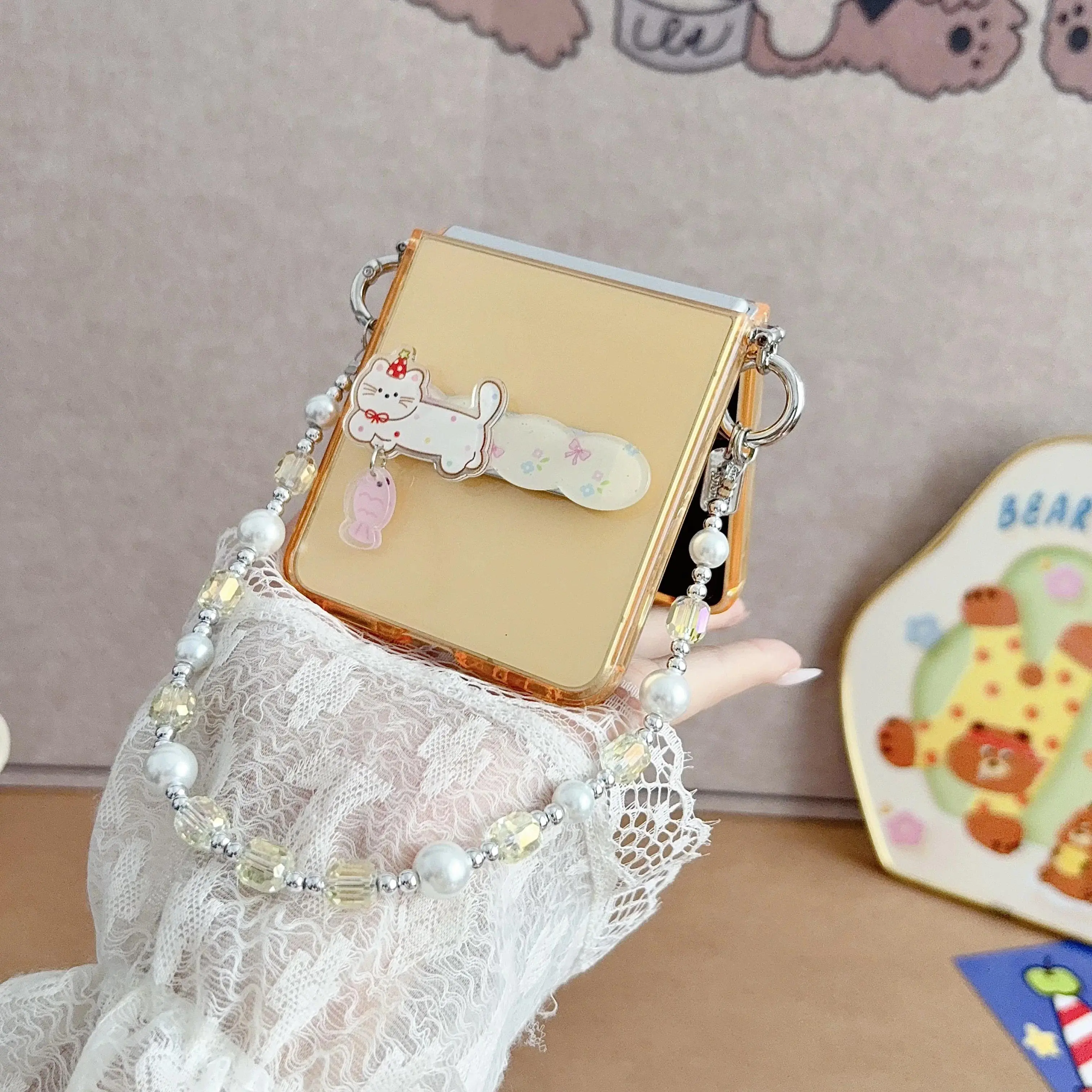 Flip8 Flip7 Case 3in1 with Wrist Strap Cartoon Cat Puppy Stand Holder Soft TPU Cover For Samsung Galaxy Z Flip 8 7 FE 6 5 4 3