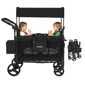 Folding 4-Seater Kids Wagon Stroller - XXL All-Terrain Wheels, Removable Bench, Foot Brake, UV Canopy, Push/Pull Cart, Washable Cover, Compact for Beach, Forest, Family Outings