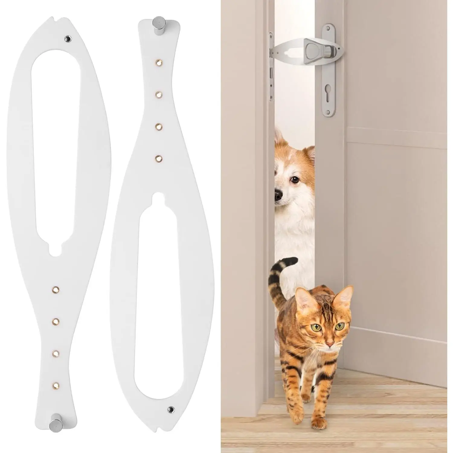 Cat Door Latch, 2  count Flex Latch Cat Door Holder, Cat Door Stopper to Keep Dog Out of Litter Boxes and Food, 5 Adjustable Size Strap 2.5-6" Wide, No Measuring, Easy to Install, White
