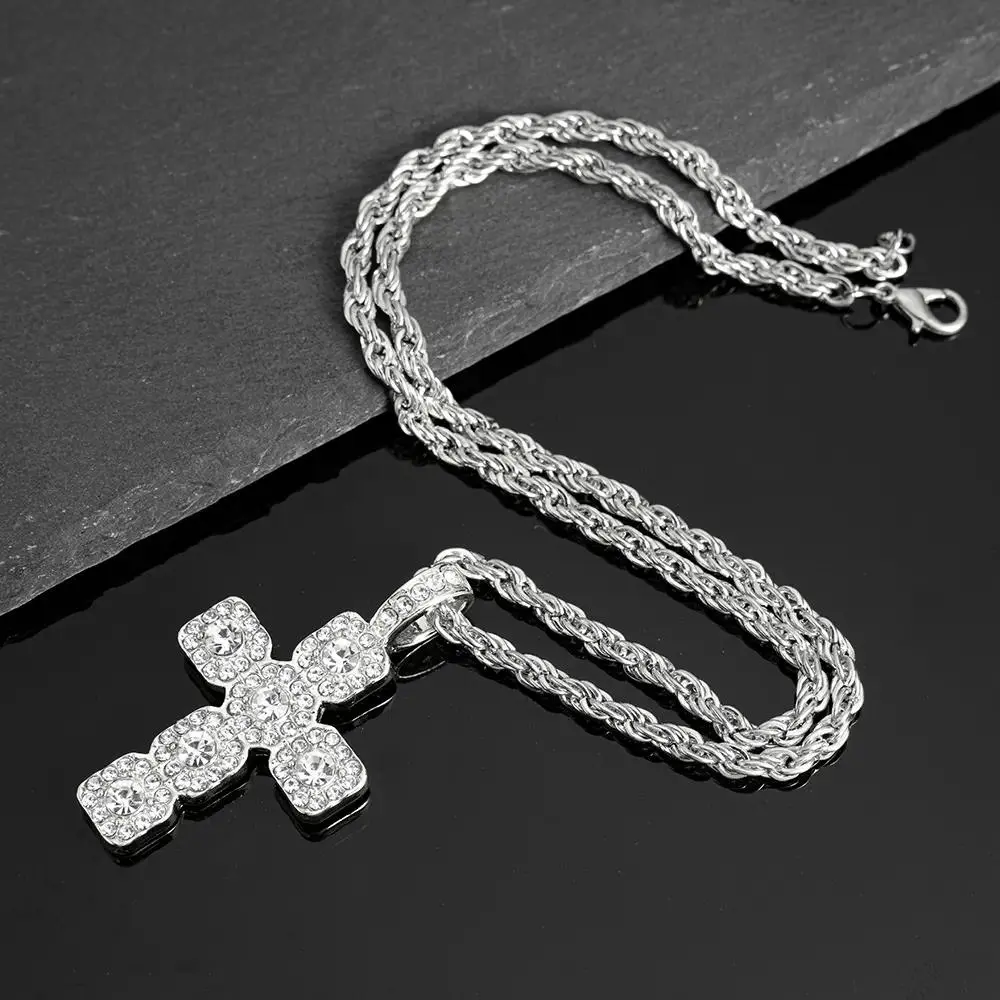 Hip-Hop Cross Necklace with 4mm Rhinestone Tennis Links, Unisex Bling Pendant Jewelry in Gold, Silver, Rose Gold
