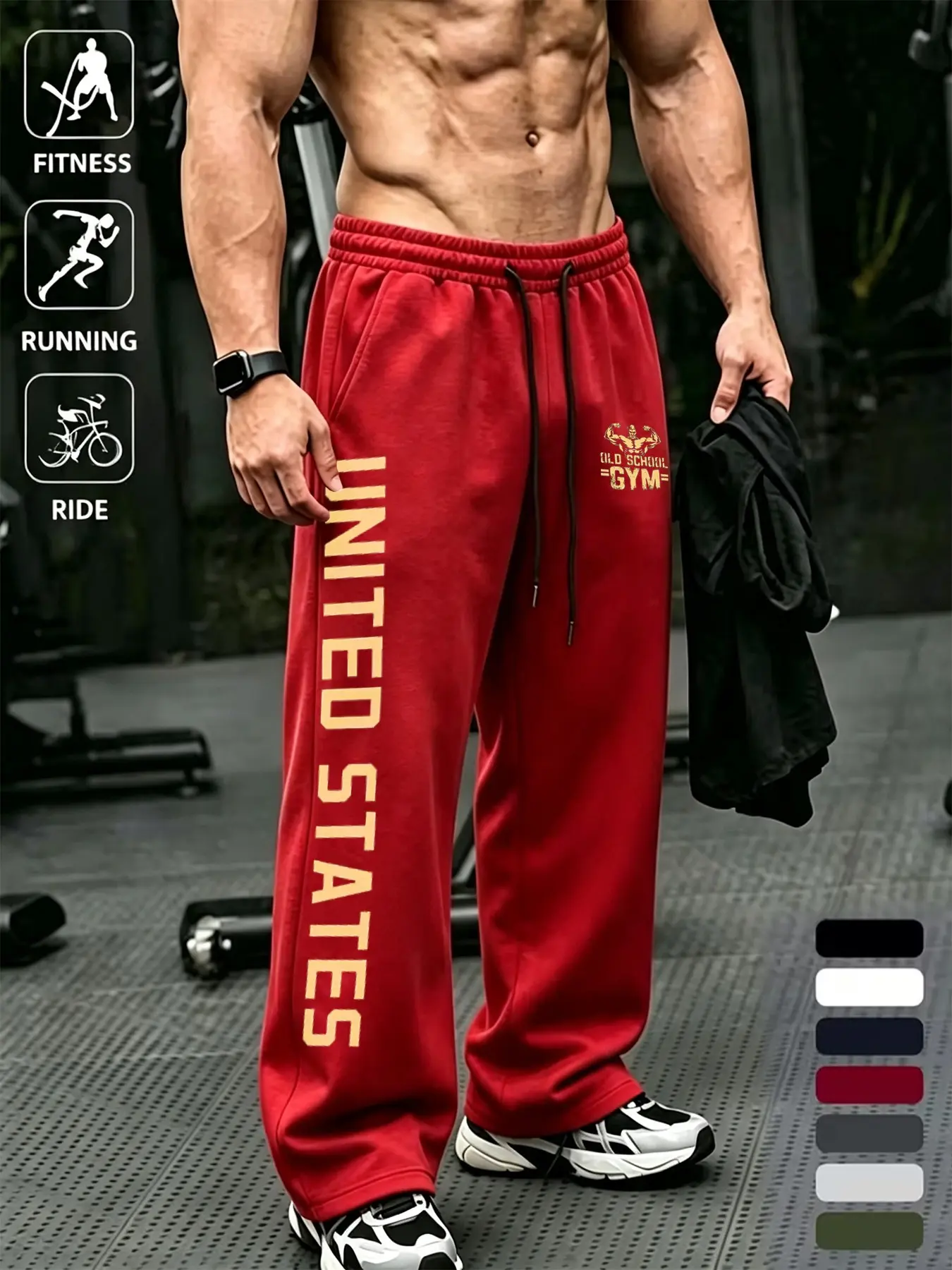 American Style Gym Training Pants for Men, Wide Leg Straight Fit, Vintage Print, Loose-Fitting, Casual Workout Trousers, All Seasons