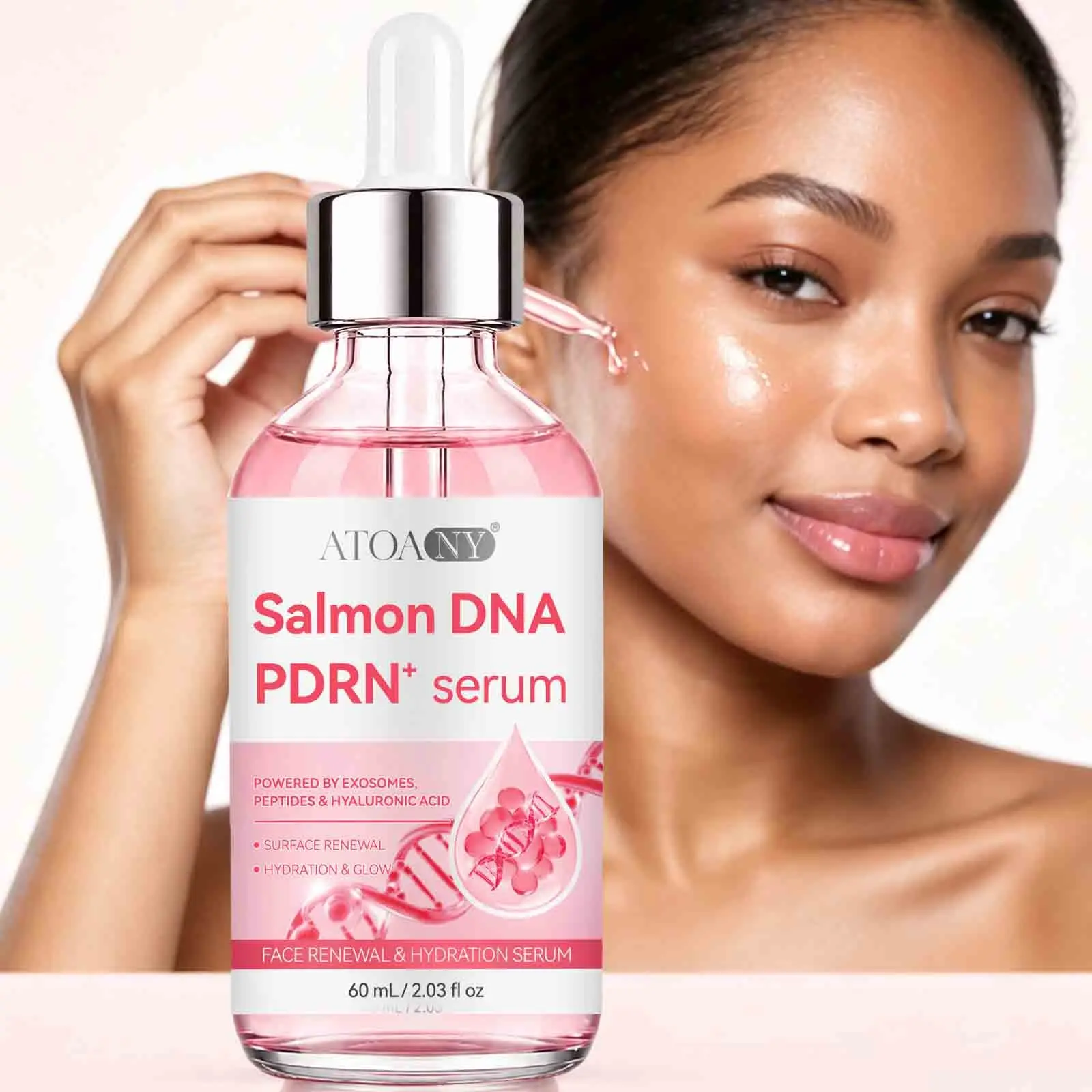 Salmon DNA PDRN Serum 60ml ，Peptides + Hyaluronic Acid. Supports Surface Renewal, Deep Hydration, and Radiance. Smooths Fine Lines and Uneven Texture – Reveals Glass-Skin Luminosity.Create a deeply plump, dewy finish – non-sticky and lightweight.