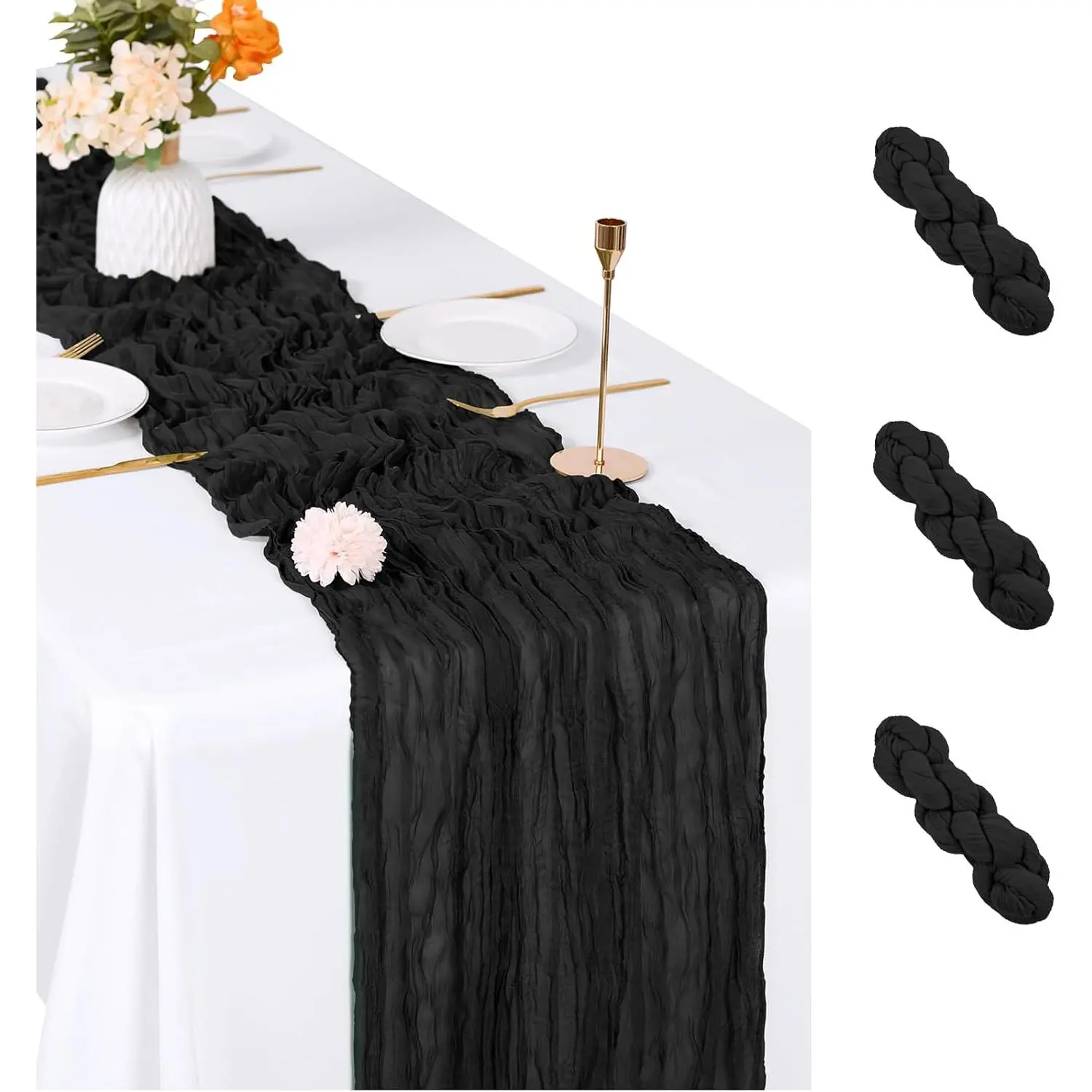 3 Pack Black Cheesecloth Table Runner, 17 x 108 inch, Semi Sheer Boho Cheese Cloth Fabric Table Runner Bulk for Wedding, Birthday, Party, Holiday, Home Decor
