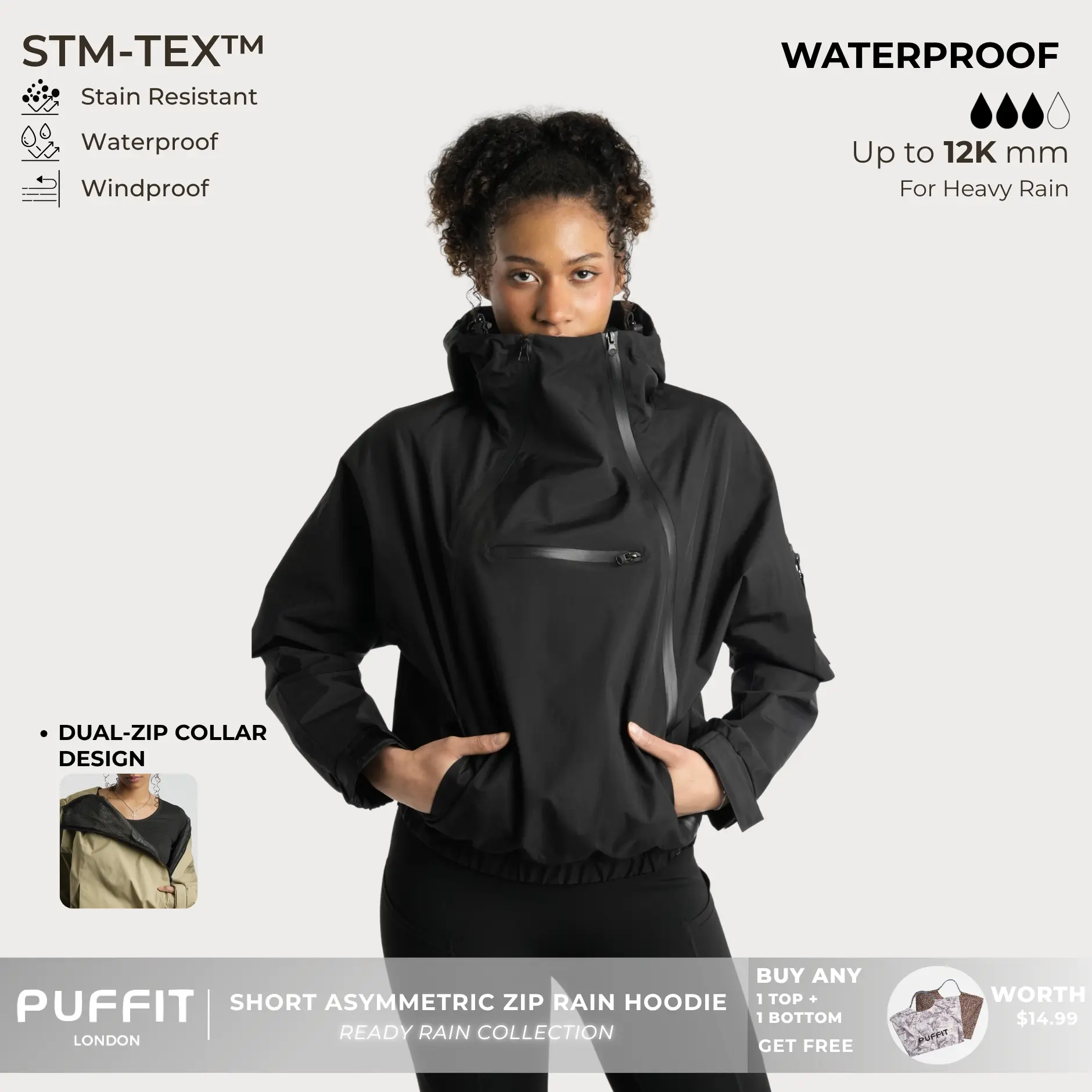 PUFFIT STM-TEX Short Rain Hoodie With Asymmetric Zip and Adjustable Hem,Chest Pocket Design,Spring Hooded Jacket,Waterproof Jacket,Women Jacket,Spring Jacket,Windbreaker,Dog Walking,School Running,Football Mum,Stylish,Womenswear