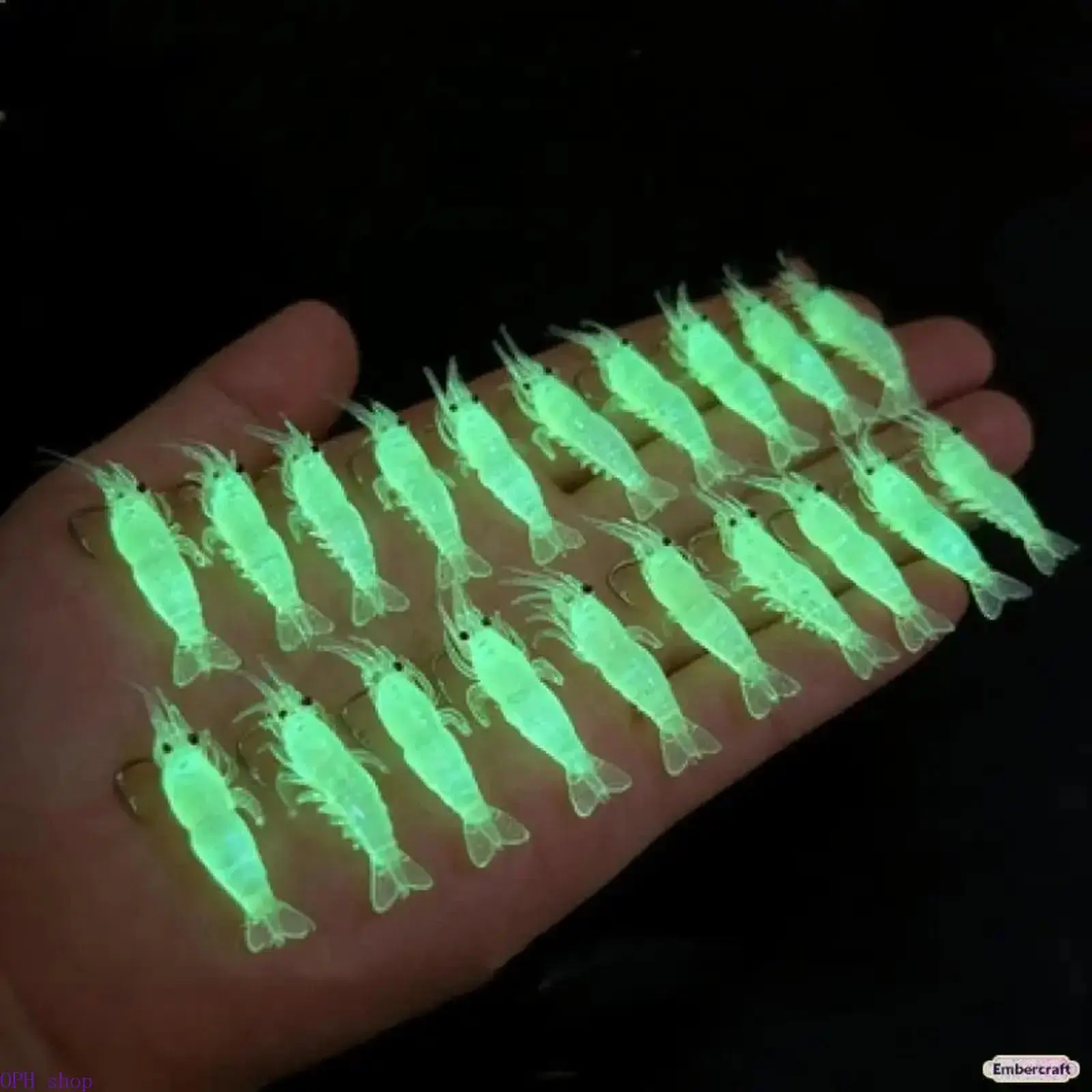 Artificial Fishing Lure 20-Pack, Durable Soft Plastic Glow Baits with a Realistic Shrimp Look & Built-In Hooks for Saltwater & Freshwater Night Fishing for Bass & Trout