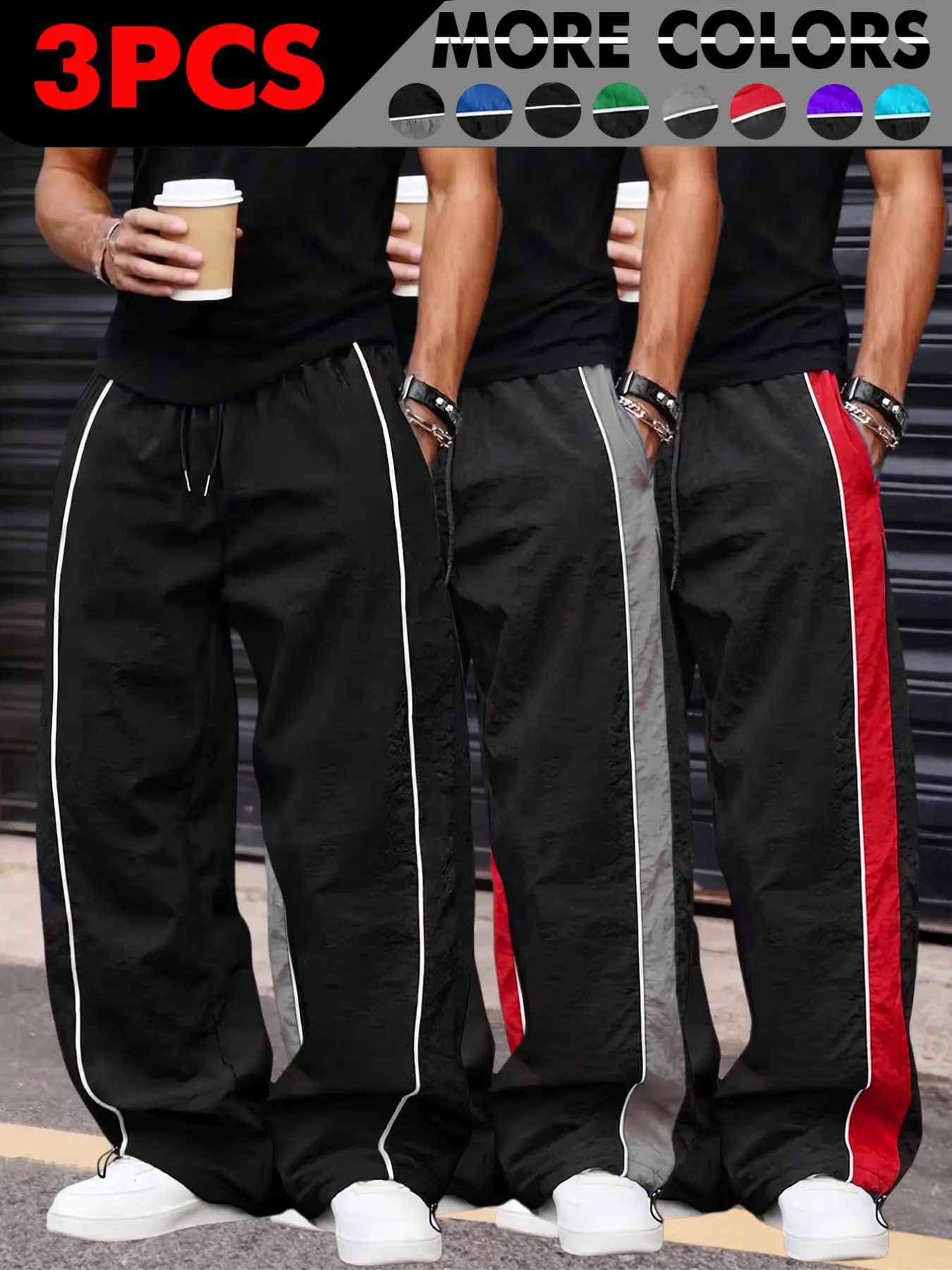 Men's 3-Pack Fashion Casual Comfy Sporty Pants, Taslon Fabric, Lightweight Breathable, Waist Drawstring, Adjustable Ankle Elastic, Ideal for Daily Wear & Outdoor Activities