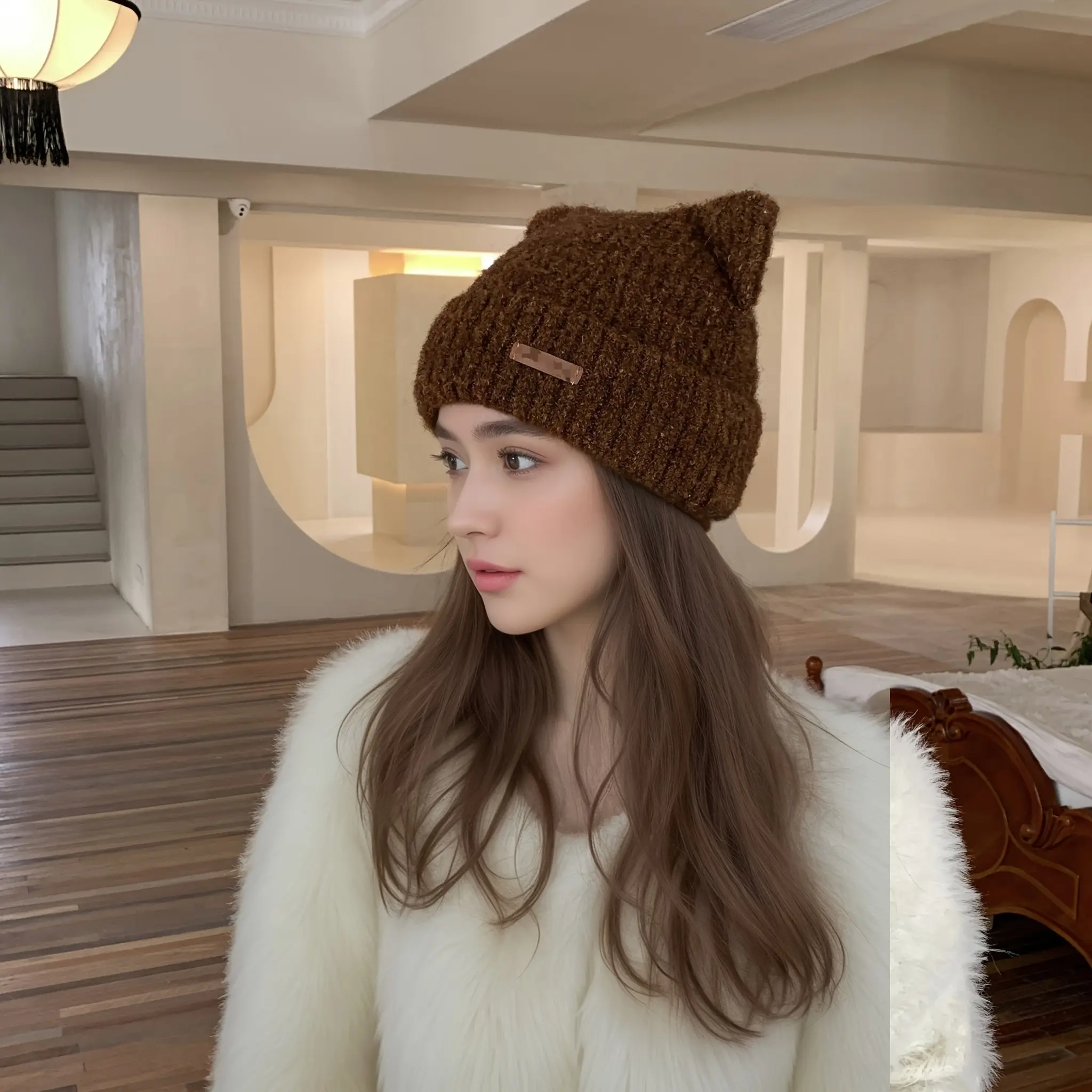 Women's Winter Cat Ear Beanie Hat - Foldable Soft Polyester Cap, Elastic Stretch Fit, Warm Ear Tips, Cold Weather & Christmas Party Sports Outdoor Accessory
