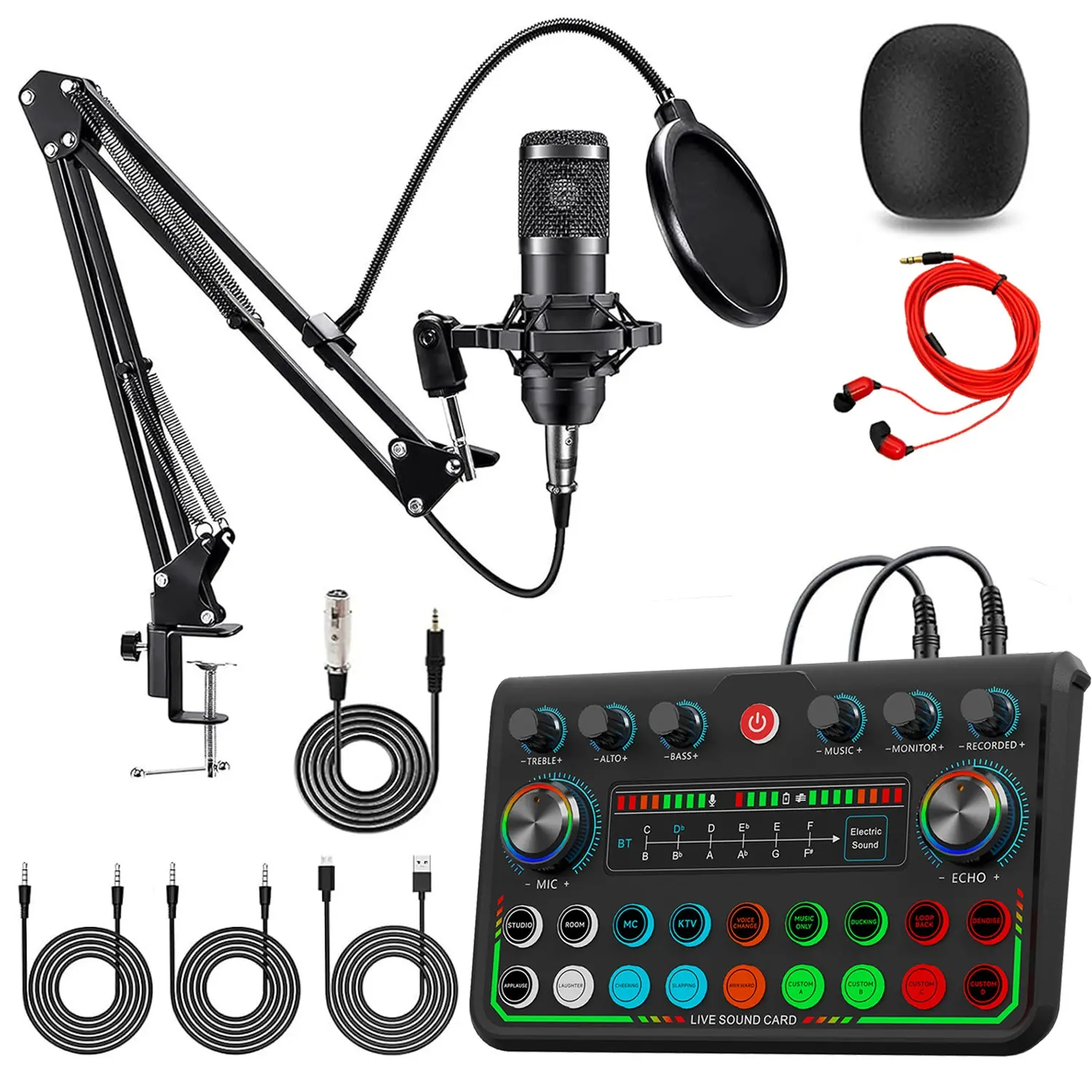 Bm-800 Digital Sound Card Podcast Kit, Live Streaming Mic Set, Live Sound Cards, Dj Audio Control Mixer, BT Connection, Compatible with Phone/computer/PC