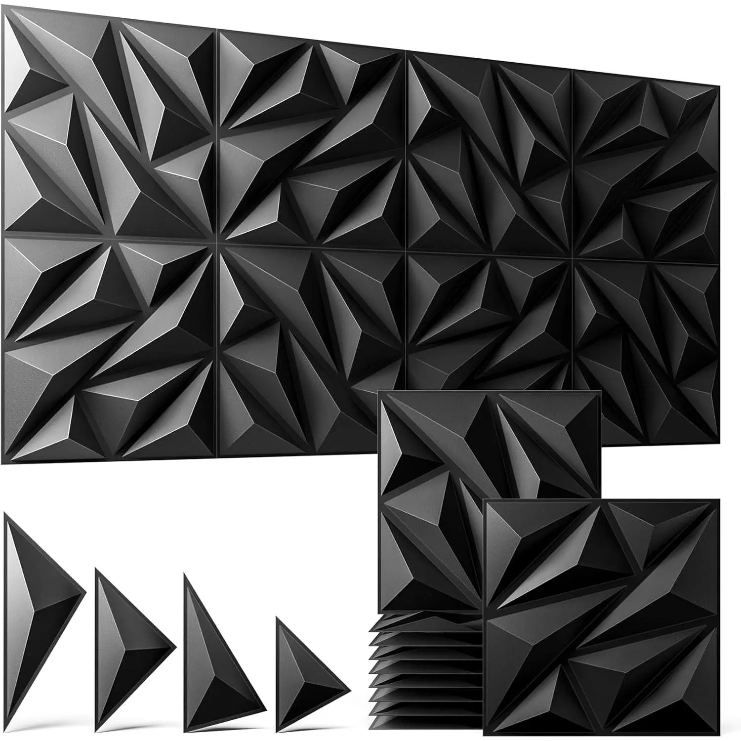 16-Pack 3D Black PVC Wall Panels, 12"x12" Diamond Texture Premium Tiles, 15.5 Sq.Ft Coverage, Waterproof Paintable Accent Paneling for Interior Decor Ideas, Gaming Room, Wall Tiles