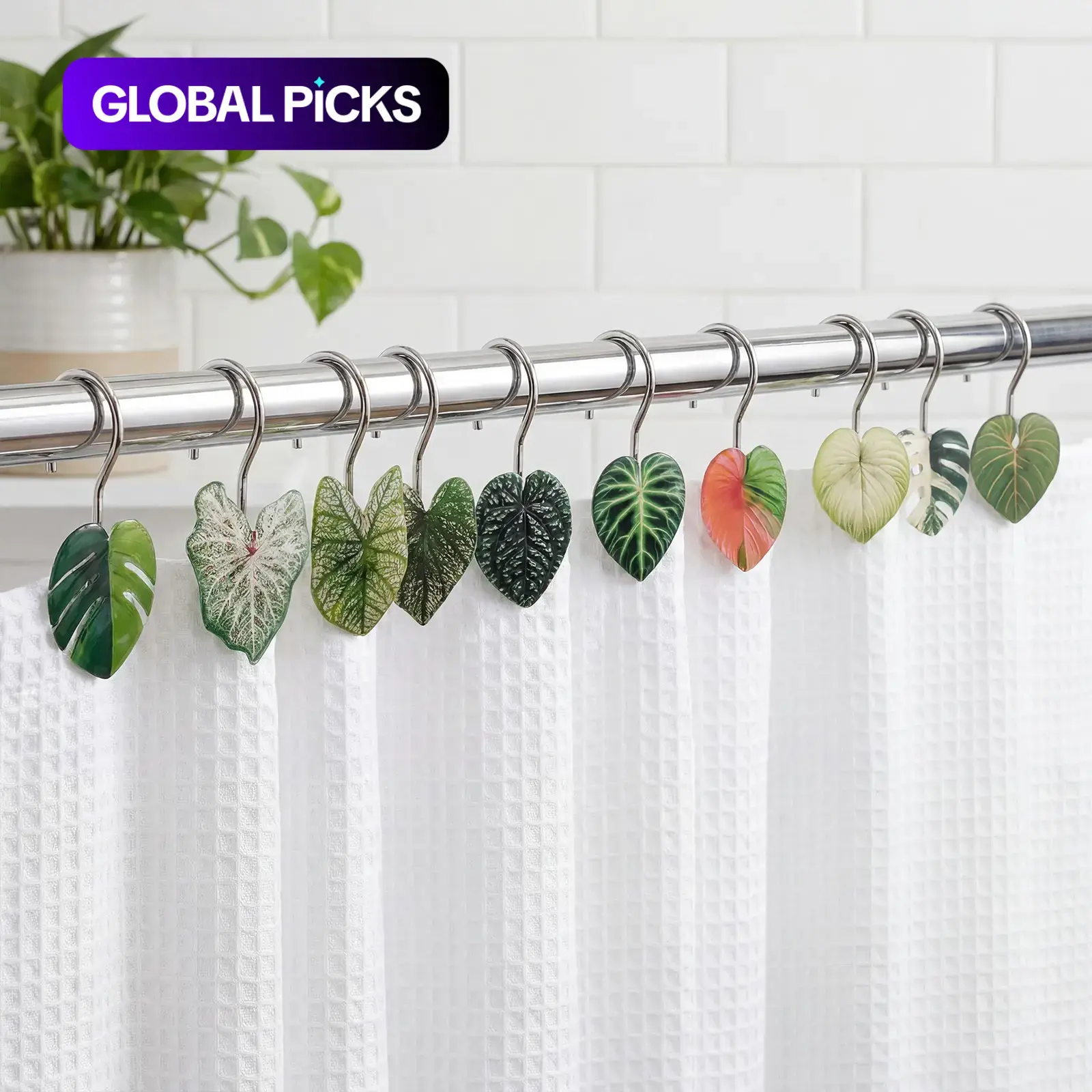 12 Piece Tropical Monstera Leaf Bath Curtain Hooks, Acrylic Creative Design, Stainless Steel Rust-Proof Waterproof, Easy Installation, Shower Curtain Hooks Rust Proof #GLOBAL PICKS