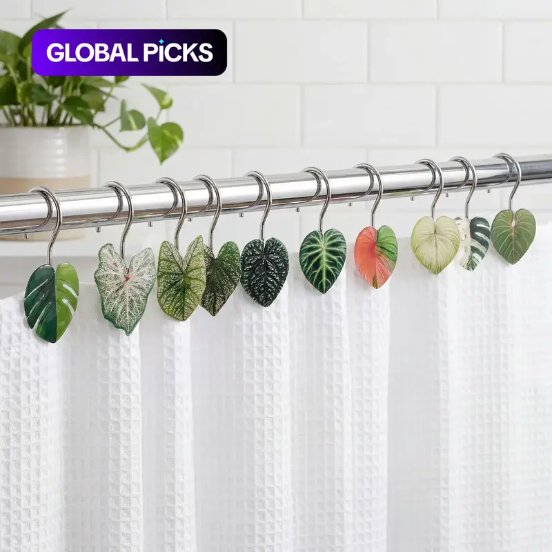 12 Piece Tropical Monstera Leaf Bathroom Curtain Hooks, Acrylic Creative Design, Stainless Steel Rust-Proof Waterproof, Easy Installation #GLOBAL PICKS