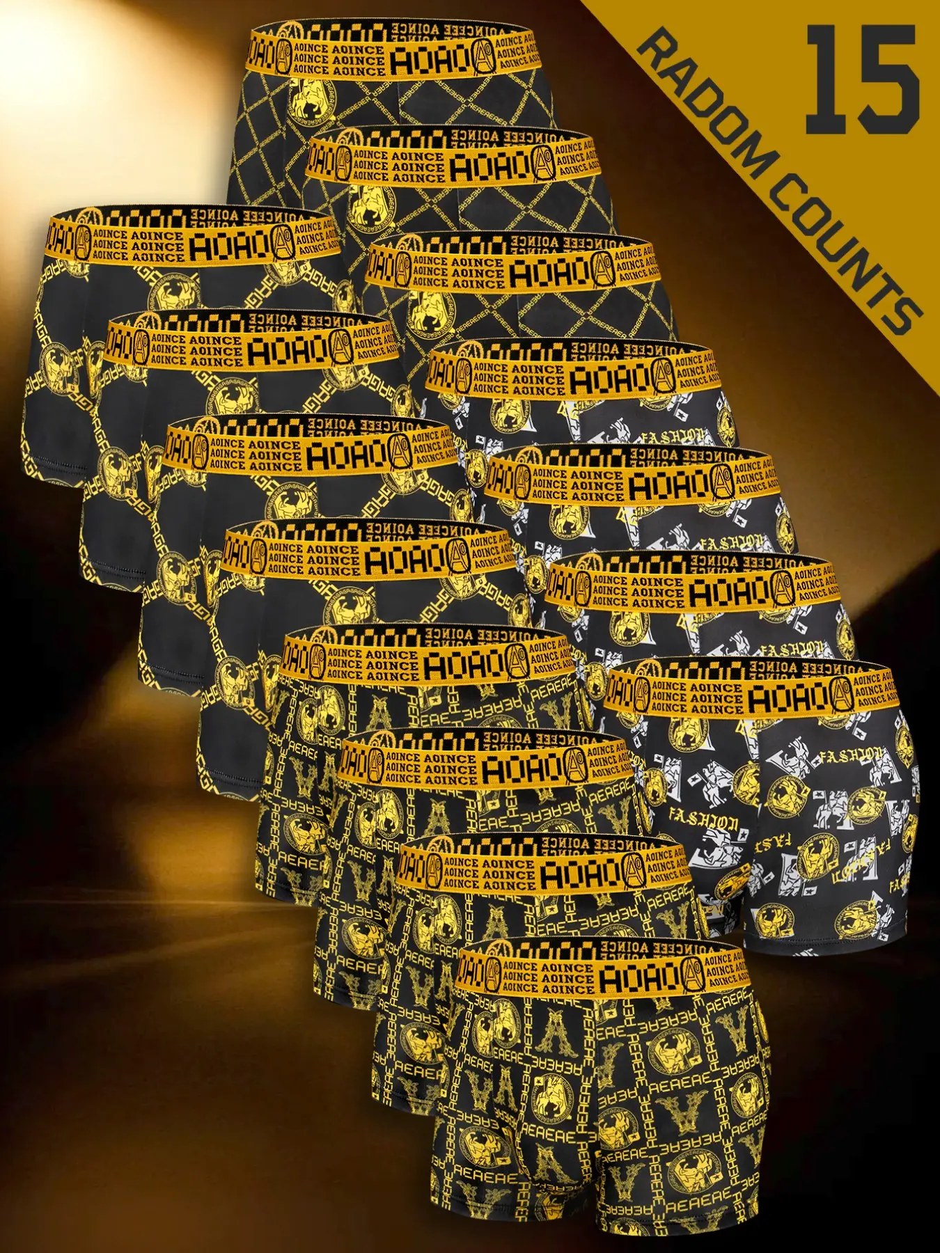 15 pcs random fashionable black gold chain printed men's underwear, light and thin, comfortable, breathable, elastic waistband men's flat bottom pants, fast drying fashionable sports underwear, Suitable for Four Seasons home leisure, Casual Underwear