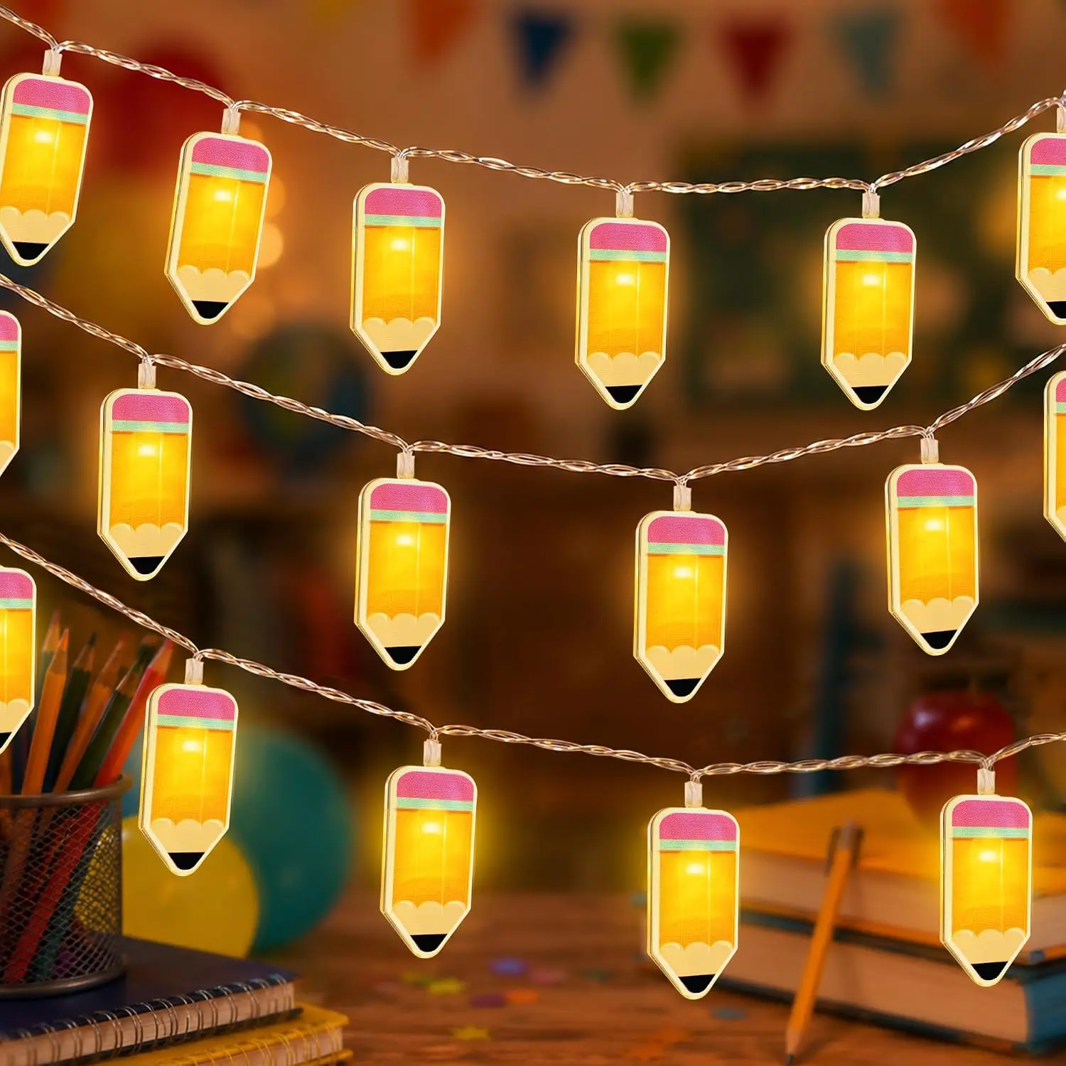 [Timer] 11.5FT Pencil Classroom Lights Back to School Decorations, 3D Pencil Led Lights for Classroom First Day of School Decor -20LEDs Bright Colorful Pencils for School, Home, Dorm, Party