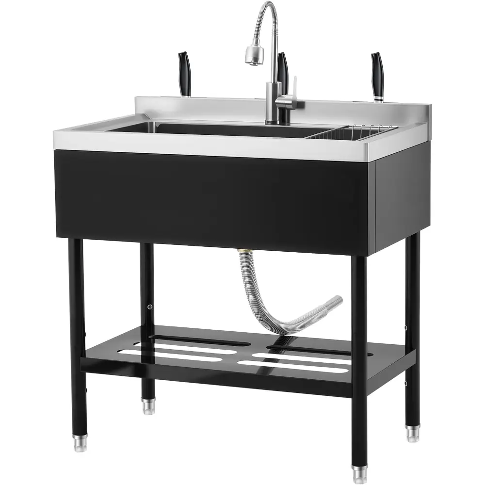 36 x 20 x 35.5inch Free Standing Stainless-Steel Single Bowl Commercial Restaurant Kitchen Sink Set Adjustable Height Laundry Tub with Hot & Cold Water, Basket, Shelf & Drain Kit
