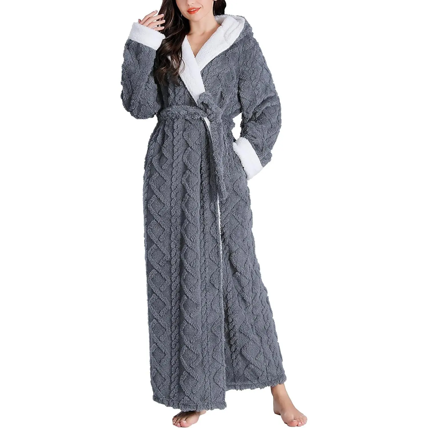 Women's Hooded Fleece Bathrobe, Full Length Plush Robe with Plaid Jacquard and Sherpa Trim, Casual Loose-Fit Lounging Clothes with Pockets, Jacquard Print, Plush Polyester, Full Sleeves