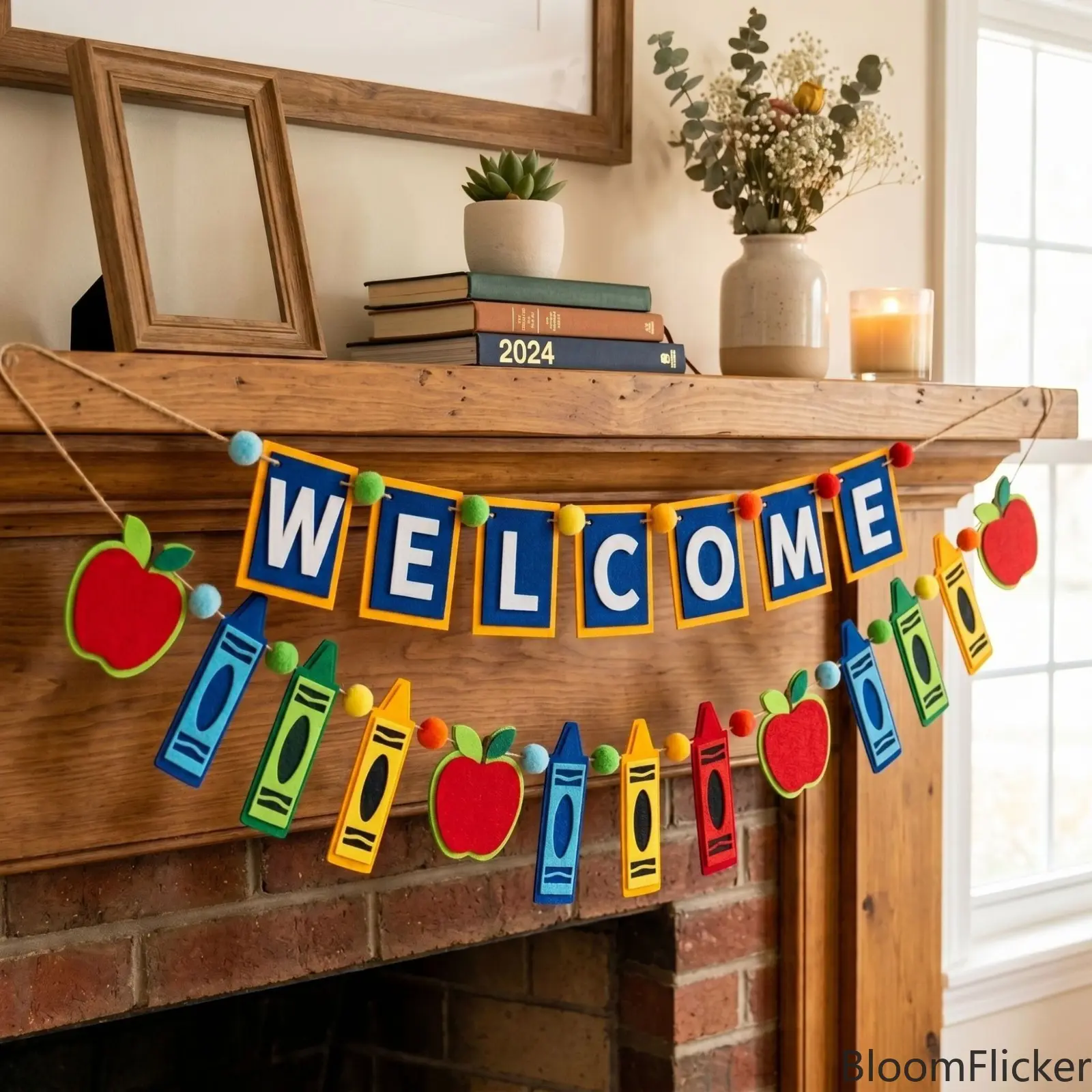 Felt Apple & Color Pencil Banner Garland Set, Back To School Themed Hanging Pennant Decor, Vibrant Fabric Pull Flag Ornament For Classroom & Indoor Party Scene Layout