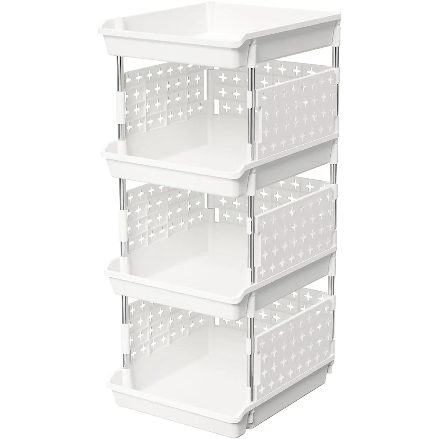 Plastic Stackable Storage Baskets, 4 Tier Stacking Bins for Food and Clothes, Multifunctional Organizer for RV, Kitchen, Playroom, Pantry and Bathroom, 13.8"D x 11.8"W x 28.3"H, 1 Pack, White