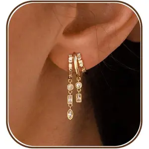 Dangle Earrings For Women, Dainty Gold Drop Statement Earrings, 14K Gold Plated Long Huggie Earrings, Trendy Hypoallergenic Dangly Earrings, Small Triple Hoops Fashion Jewelry
