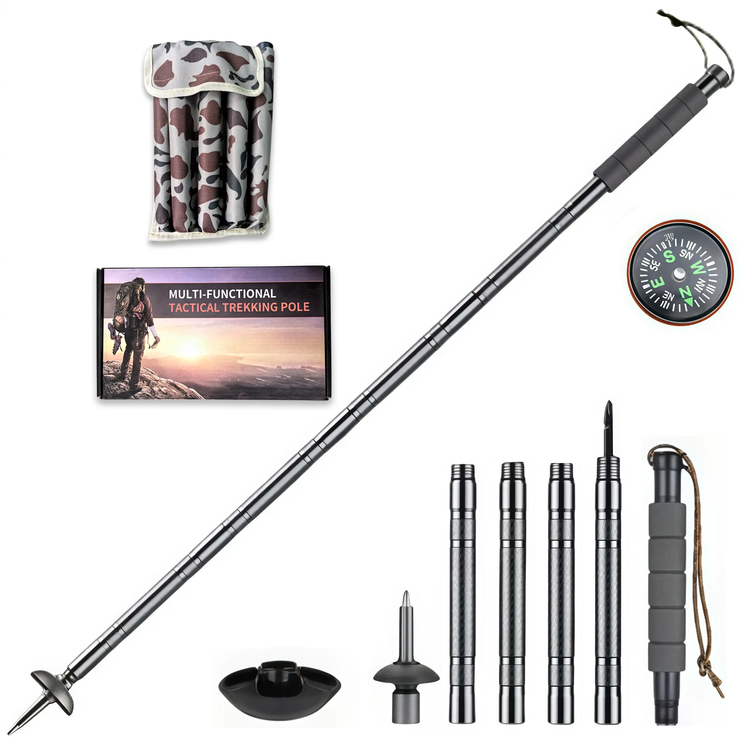 Adjustable Trekking Pole, 8-in-1 Collapsible Aluminum Alloy Tactical Stick with Compass & Whistle, Lightweight Survival Gear for Camping & Hiking, Camping Tools, Trail Hiking Sticks, Collapsible Alloy Stick
