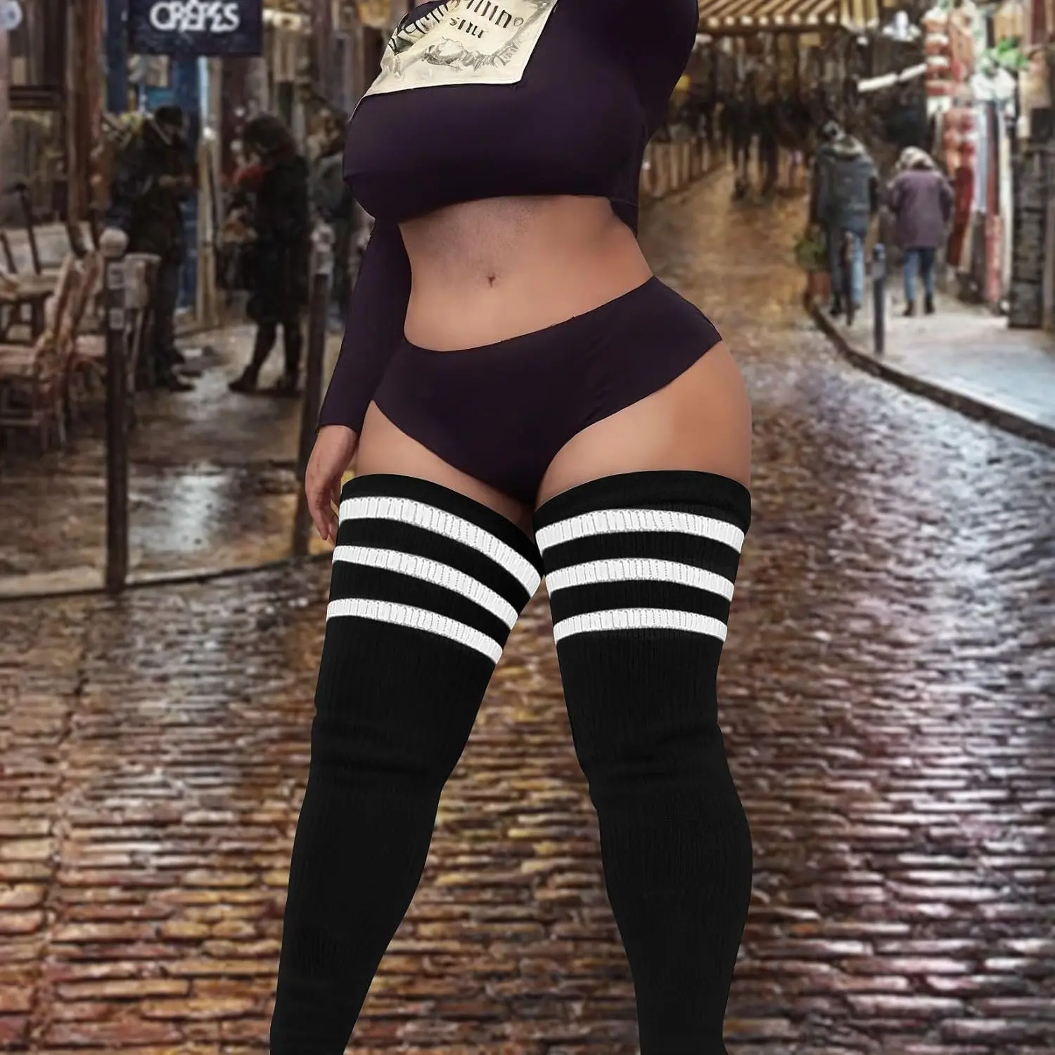 2-Pack Plus Size Thigh High Socks for Women, Casual Striped Extra Long Over-the-Knee Fashion Legwear Underwear, Underwear For Women