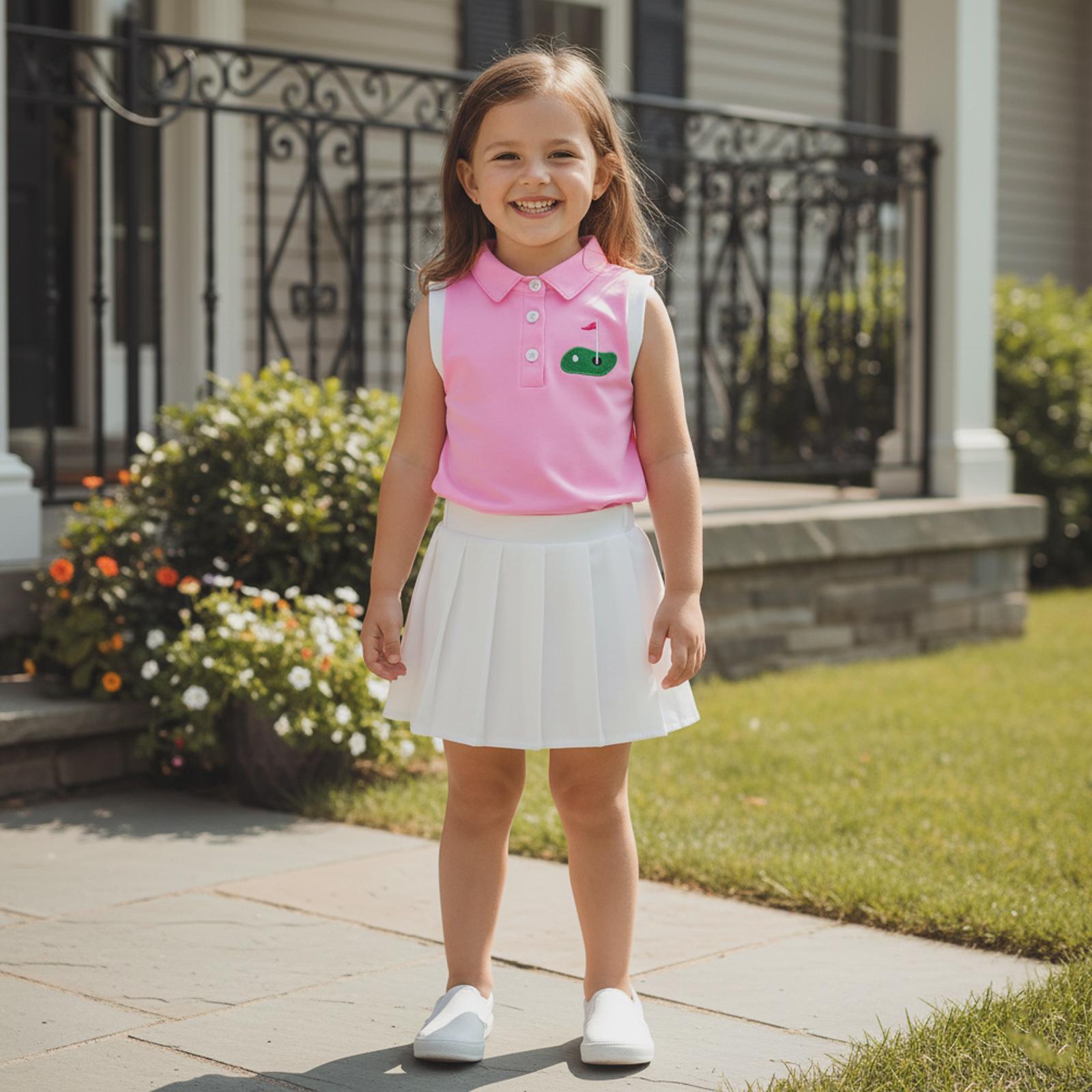 Toddler Baby girl Golf Outfit Sleeveless Collared Golfing Theme Embroidery Tank Top Pleated Skirts Set Summer Clothes