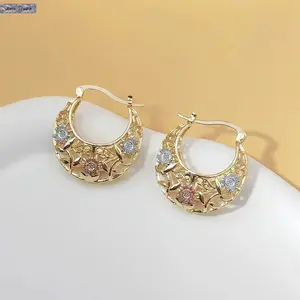 Vintage Flower Hoop Earrings for Women - 14K Gold Plated Tri-Color Filigree Basket Design, Elegant Statement Earrings for Daily Wear & Gift