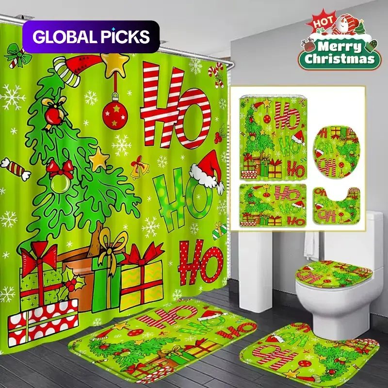 Christmas Tree Bathroom Set, Non-Slip Mat, U-Shaped Rug, Toilet Lid Cover, Waterproof Decorative Shower Curtain, Aesthetic Bathroom Decor Accessories, Bathroom Accessory #GLOBAL PICKS
