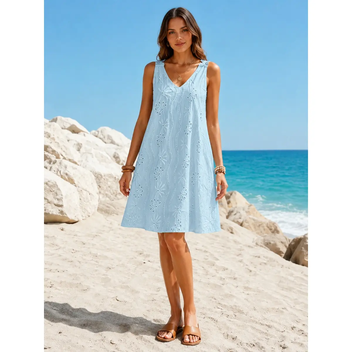 Women's White Eyelet Fabric Cover Up Dress - Sleeveless V-Neck A-Line Female Beach Wear, Mid-Length Loose Fit Spring Summer Vacation Resort Dress, Mid-Length Cut