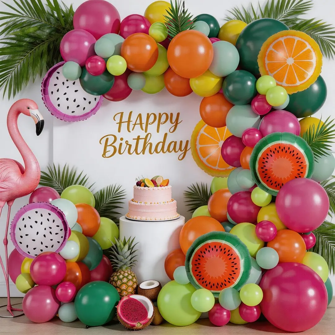 110pcs Tropical Fruit Flamingo Balloon Garland Arch Kit, Summer Watermelon Pineapple Latex Balloons, Hawaiian Luau Party Decorations, Balloon Arches Decorations