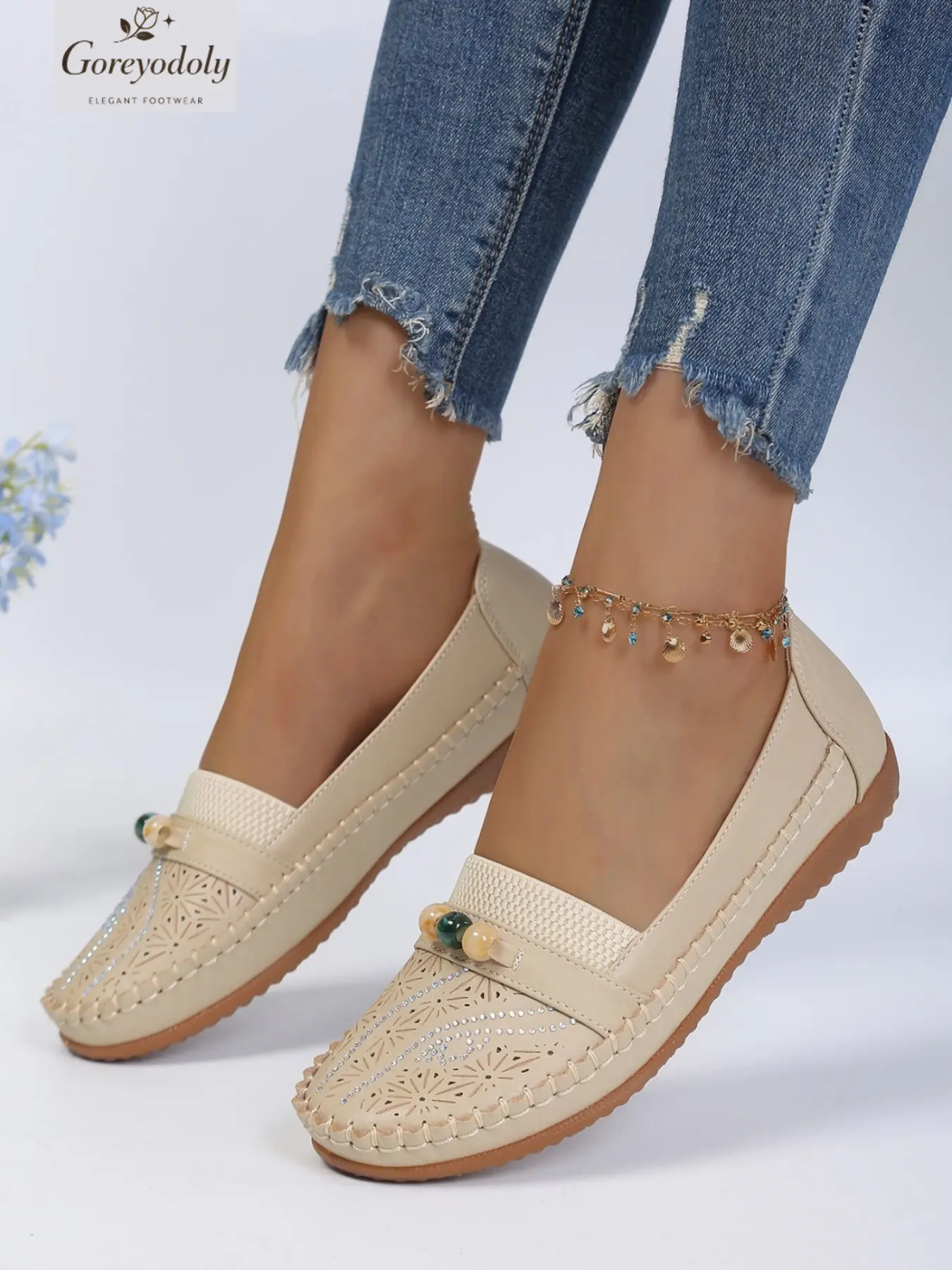 Goreyodoly [Wide Fit] Women Loafers Breathable Cutout Floral Upper Pearl Decoration Slip On Flats Soft Flexible Upper Cushioned Insole Lightweight Comfort Anti Slip Durable Sole Casual Daily Walking Travel Shoes