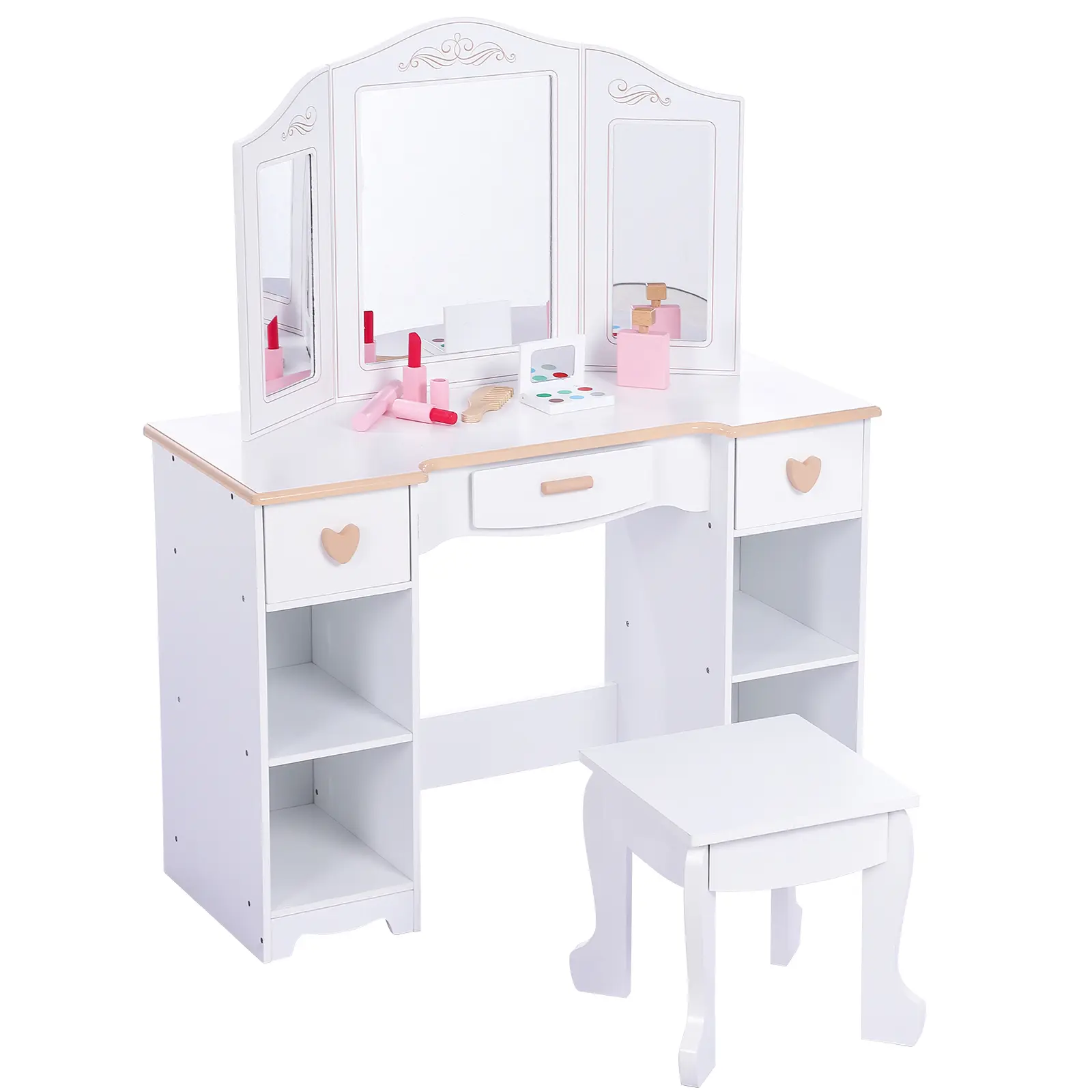 Kids Makeup Vanity Children’s Set - White MDF Dressing Table with Tri-Fold Mirror, Stool, 3 Drawers, 4 Shelves