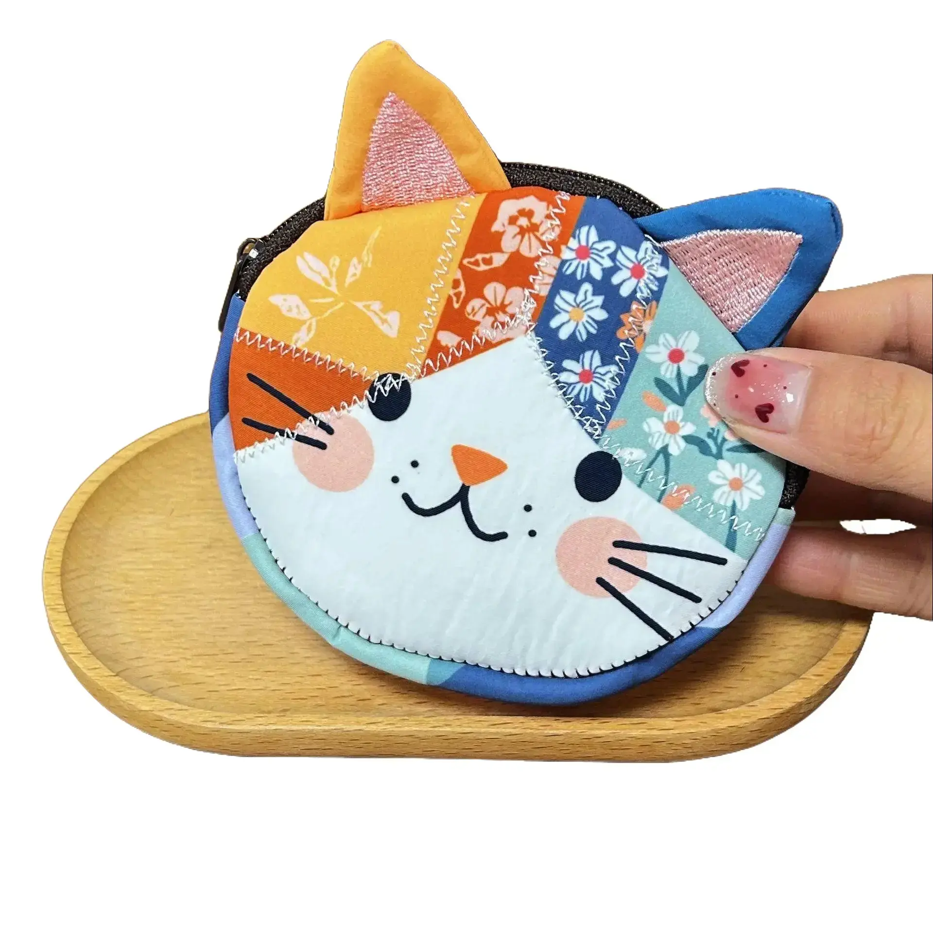 Women's Cute Cat Print Zipper Purse - Contrast Color Patchwork Kitten Change Purse, Portable Cosmetic Bag for Travel, Daily Organization