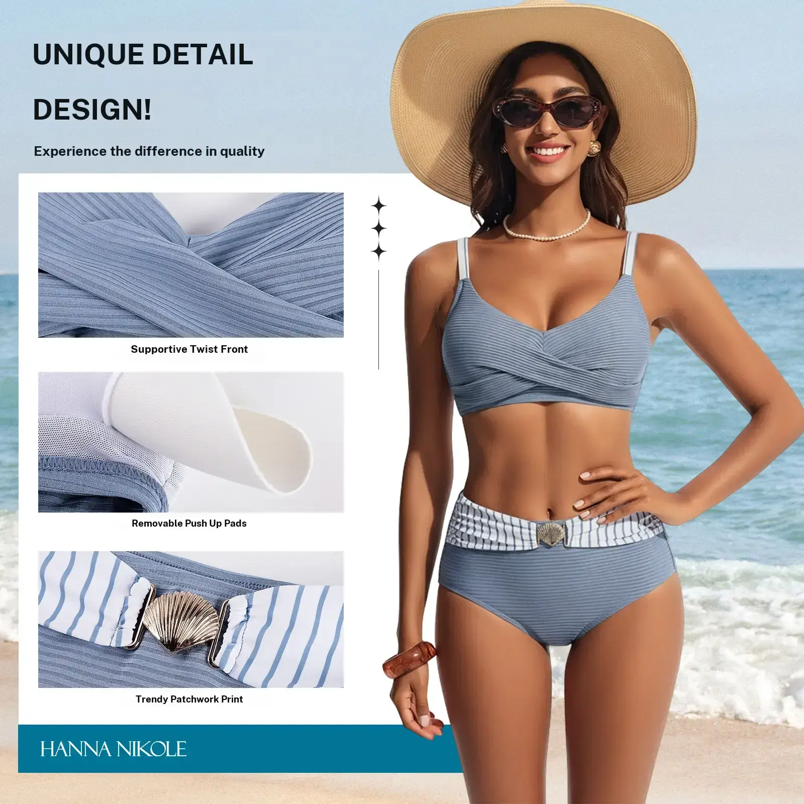 【Runs Small | Size Up】【S 2XL】Hanna Nikole Womens High Waisted Bikini Sets Textured Tummy Control Swimsuit 2 Piece Twist Color Block Bathing Suits #SummerFinds#tiktokshopsummersale tiktokshopbacktoschool