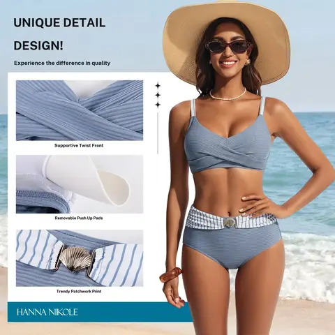 Hanna Nikole Women's High-Waisted 2-Piece Bikini Set, Runs Small - Size Up, Textured Tummy Control, Trendy Pattern Print Color Block Twist, S-2XL, Sports & Outdoor Swimwear, Beach Wear