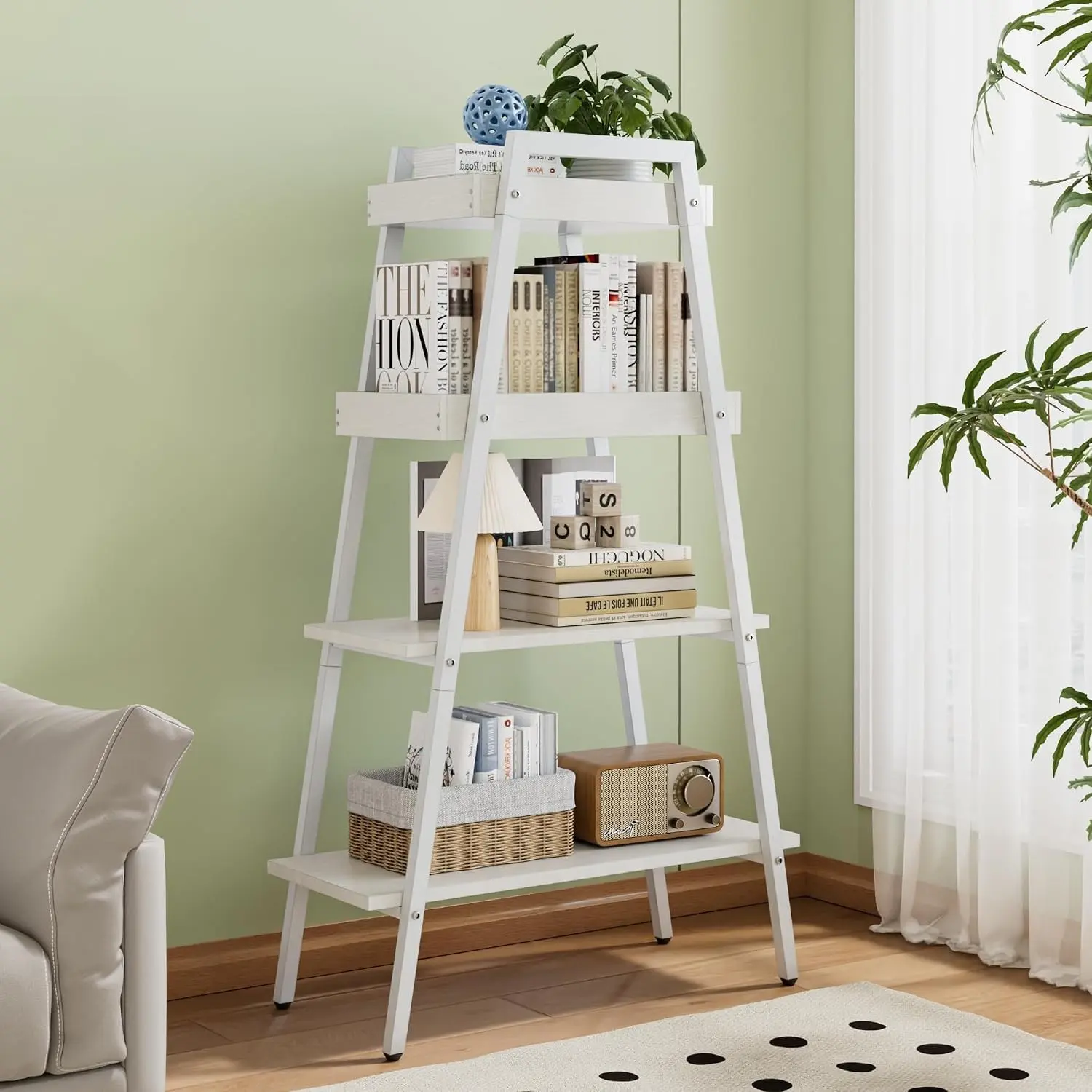 Ladder Shelf, 4 Tier Wooden Bookshelf with Metal Frame, Freestanding Bookcase Display Shelves and Plant Stand for Living Room/Farmhouse/Bedroom/Home Office-White
