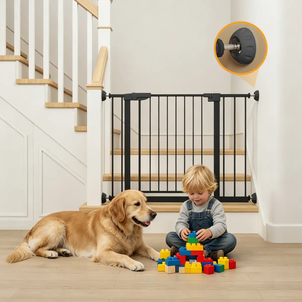 Black Wide Pressure-Mounted Dog Gate - No Drilling, Wall Protector, Easy Walk Thru Safety Gate for Stairs, Doorways (for Kids & Pets)