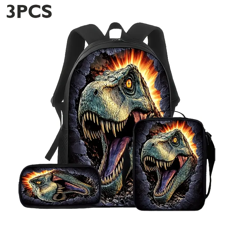 Roaring T-Rex 3-Piece Backpack Set, Realistic Dinosaur School Bookbag with Matching Lunch Bag and Pencil Case, Jurassic Style Backpack for Kids Teens, Dino Gift, School Travel Adventure Daypack Gift, Sports bag
