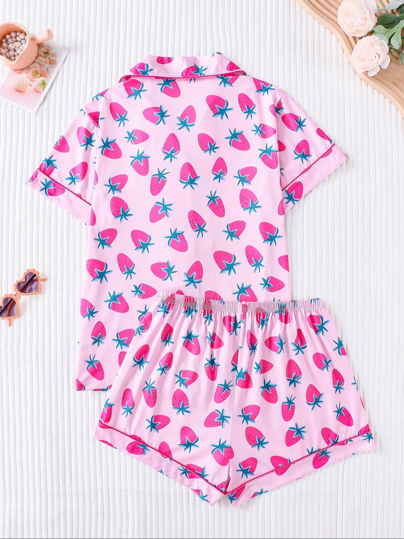 Two-piece Set Women's Cherry Print Top & Shorts Pyjama, Casual Comfy Short Sleeve Collared Top & Shorts Set, Ladies Sleepwear for Summer Pajama Set