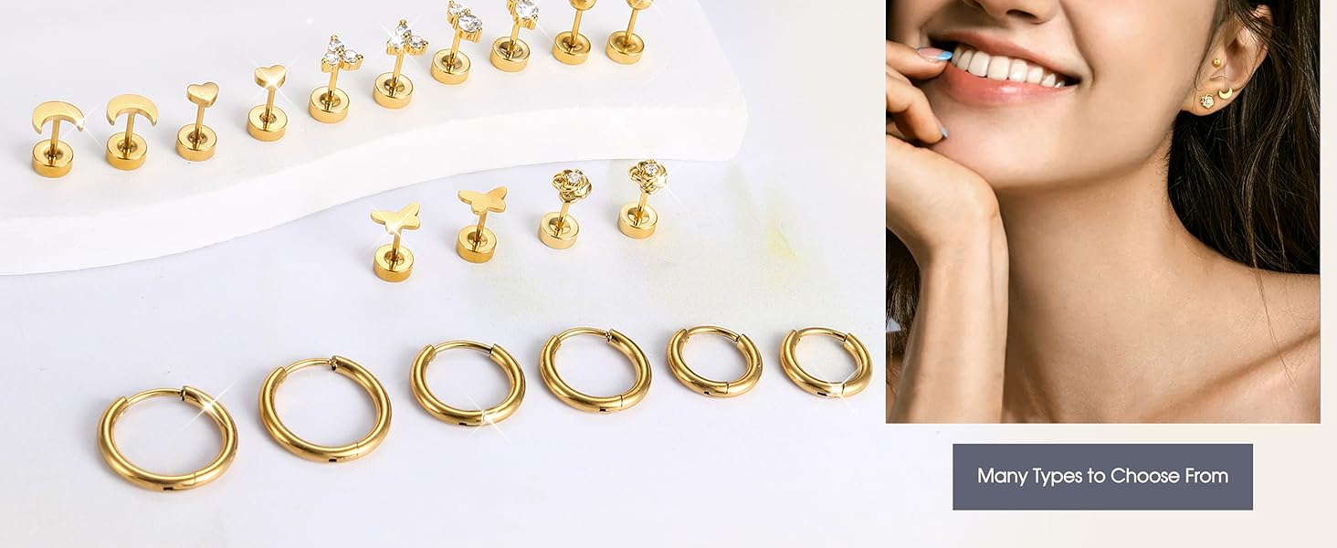 Trendy  Hypoallergenic Flat Back Stud Earrings for Women Surgical Stainless Steel Earrings for Sensitive Ears 14K Gold Plated Cartilage Earring Sets for Multiple Piercing Small Flatback Stud Earrings Hoop