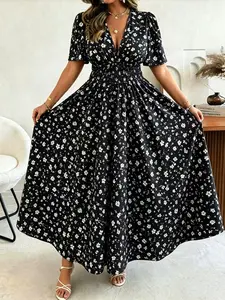 Plus Size Floral Dress for Women, Summer New V Neck Bubble Sleeve Waist Cinch Slimming Vacation Boho Style Long Dress